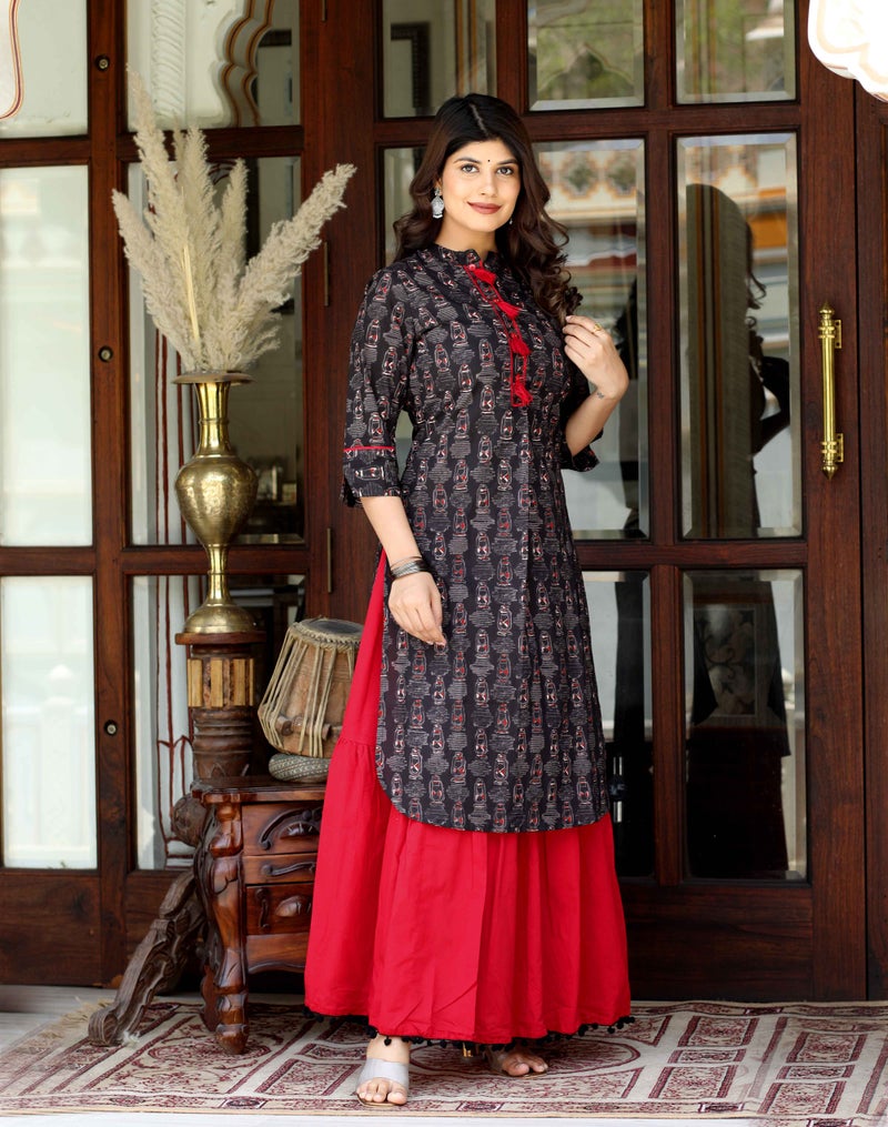 Miravan Black Printed Kurta with Red Skirt Set for Women - Image 4